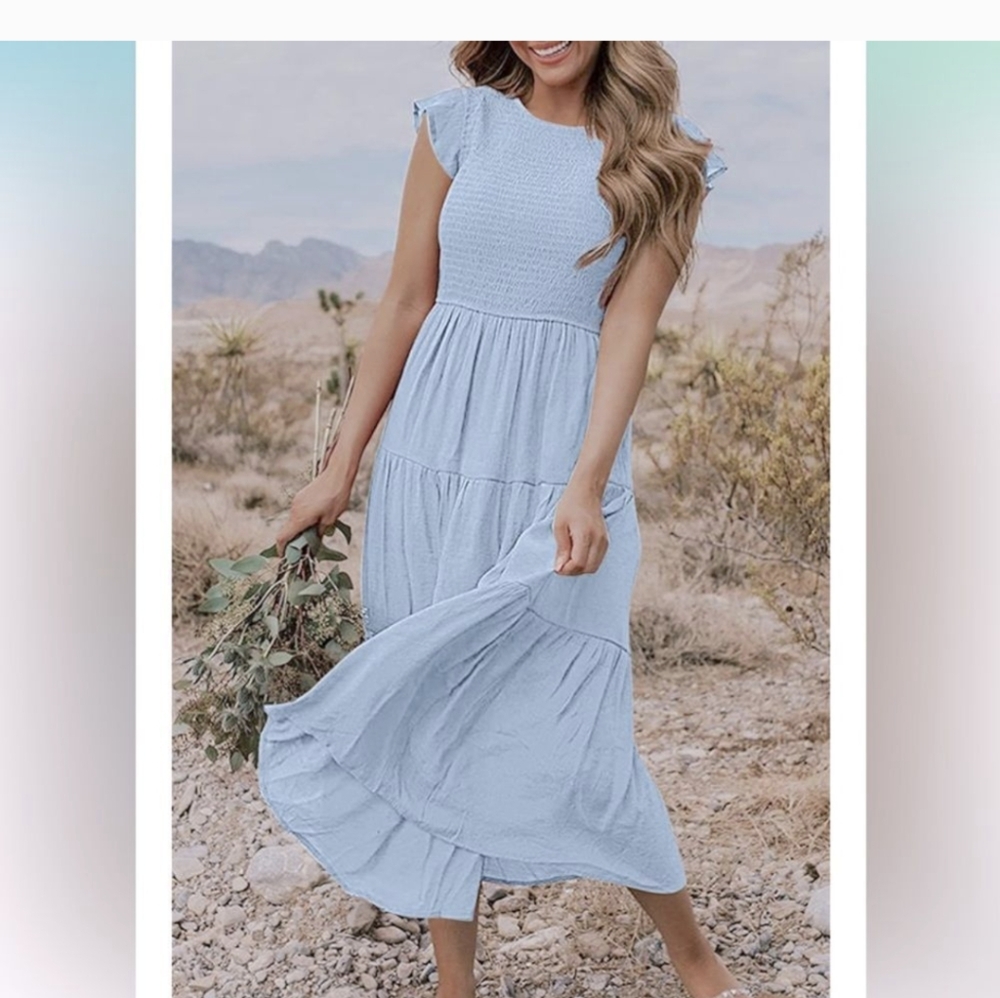 Zesica Flutter Sleeve Smocked Tiered Boho Maxi Dress Baby Blue size XXL NWT